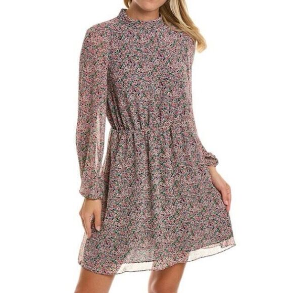 Boden Floral High Neck Long Sleeve Chiffon Mini Dress NWT Size 14 Large Tall - Picture 1 of 8